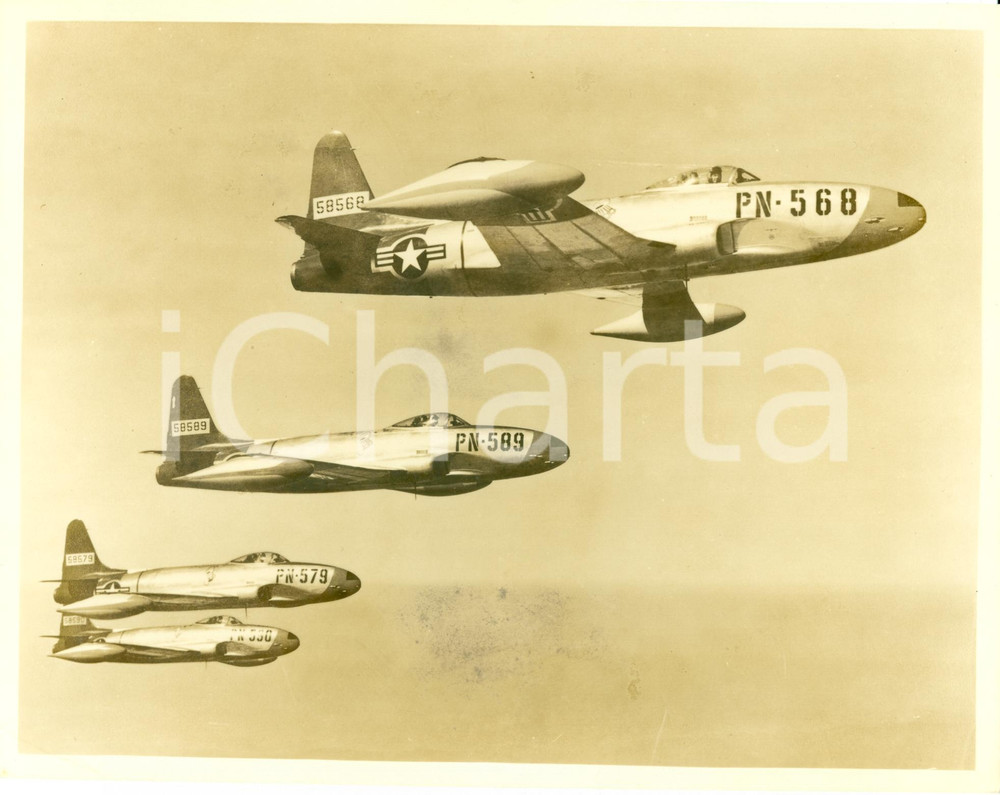 Fotografia d epoca originale 1950 ca U.S.A.F. 94th Fighter Squadron HAT IN THE RING Stormo aerei caccia FOTO 1