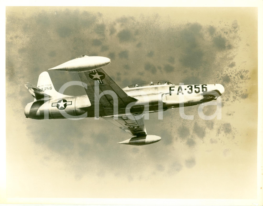 Fotografia d epoca originale 1955 ca U.S.A.F. Aereo militare LOCKHEED F94 Starfire FA356 in volo Foto 1