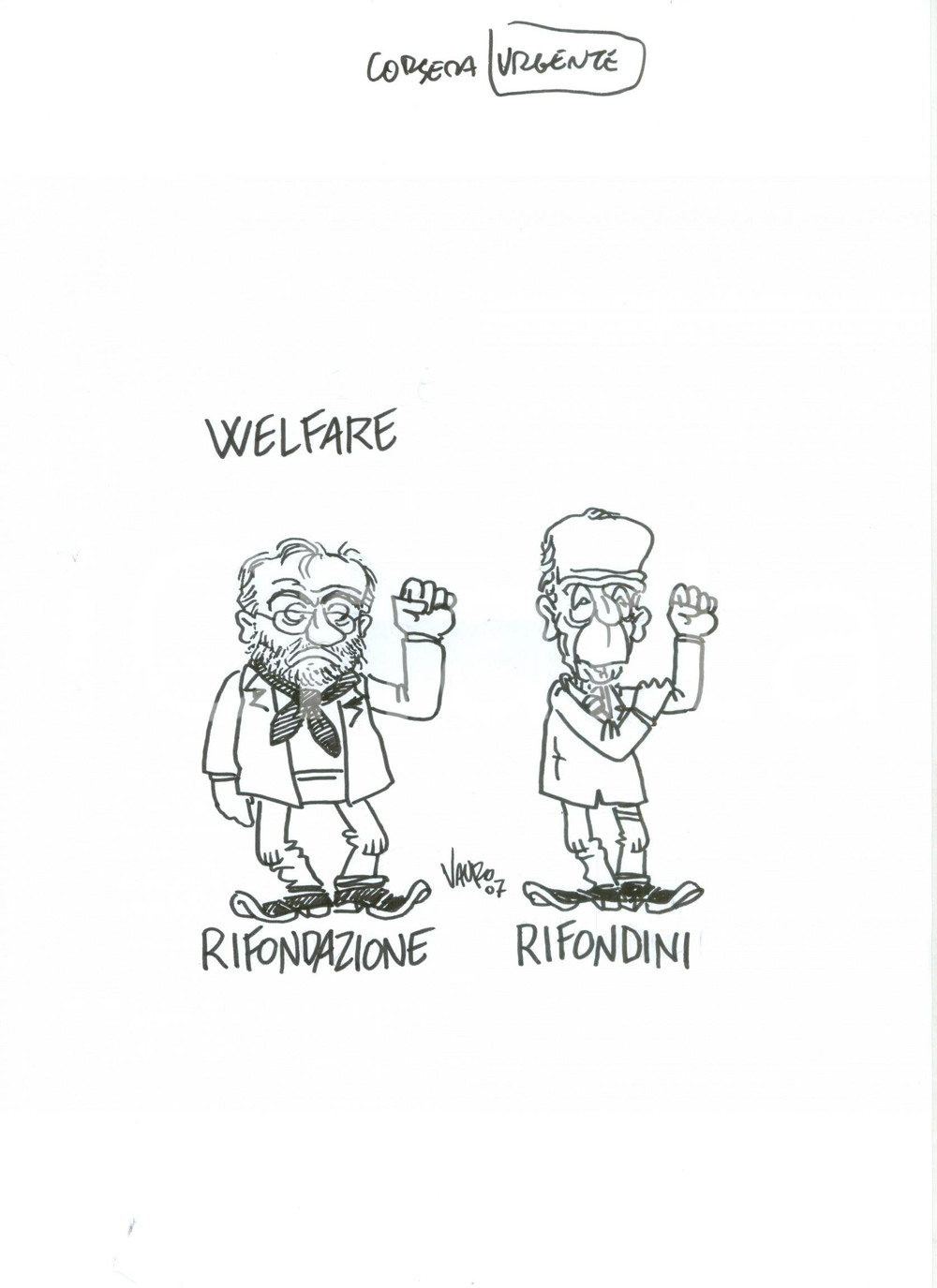 Stampa, bozzetto originale 2007 DISEGNO originale VAURO Senesi Welfare tra Rifondazione e Lamberto DINI 1