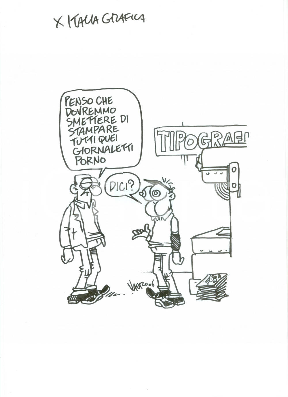 Stampa, bozzetto originale 2006 DISEGNO originale VAURO Senesi Basta giornaletti porno oppure no? AUTOGRAFO 1