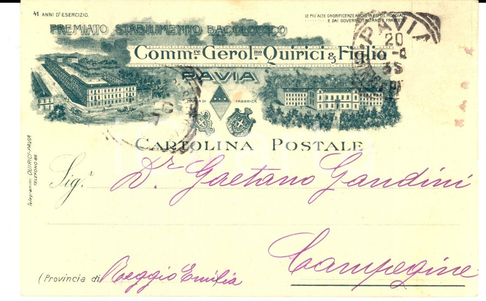 Cartolina originale da collezione 1910 ca PAVIA Stabilimento Bacologico Gerolamo QUIRICI a Gaetano GANDINI FP VG 1