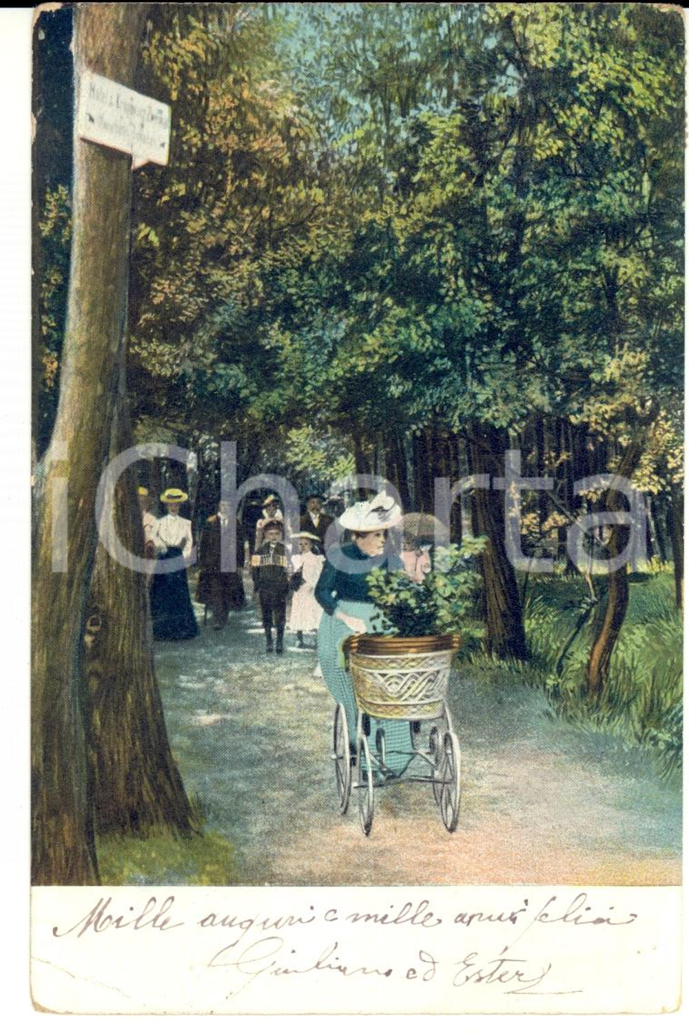 Cartolina originale da collezione 1900 ca Donna con cappello bianco e vaso di fiori Cartolina VINTAGE FP VG 1