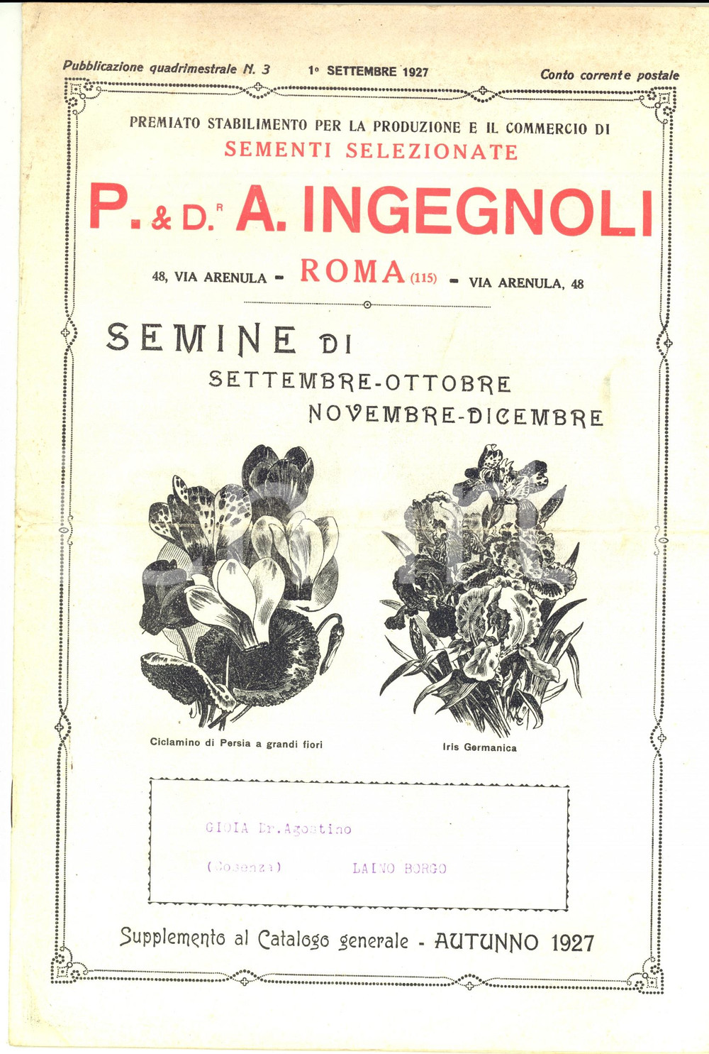 Materiale pubblicitario d’epoca 1927 ROMA Ditta INGEGNOLI Catalogo sementi autunnali ILLUSTRATO 1
