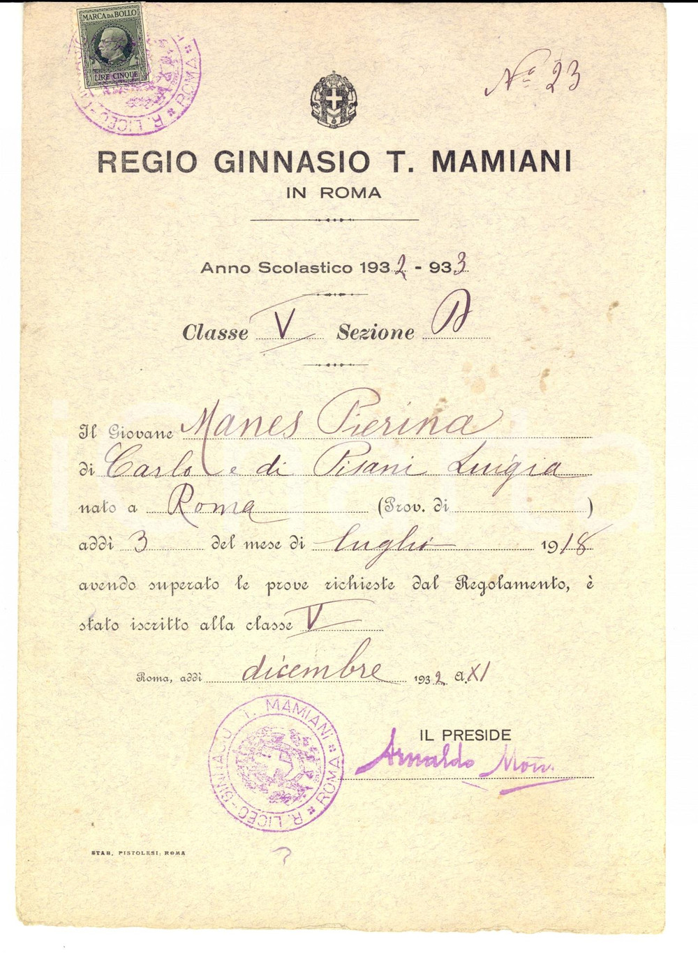 Oggetto da collezione cartaceo 1932 ROMA Regio Ginnasio MAMIANI Pagella di Pierina MANES 1