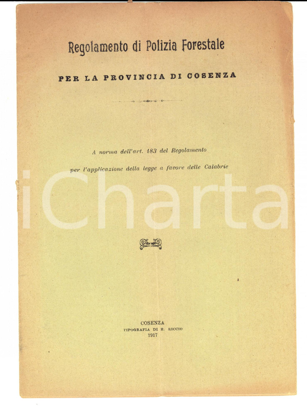 Libro, pubblicazione d epoca 1917 COSENZA Regolamento di Polizia Forestale  Legge a favore delle CALABRIE 1
