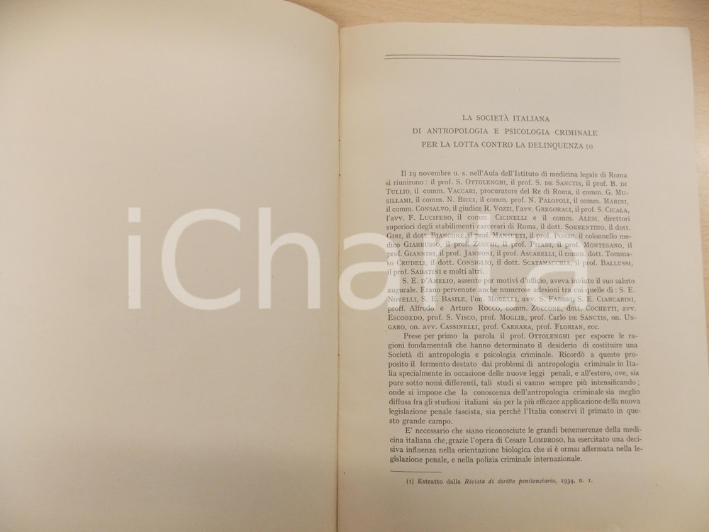 Libro, pubblicazione d epoca 1934 ROMA Atti della Società Italiana di Antropologia e PSICOLOGIA CRIMINALE 1