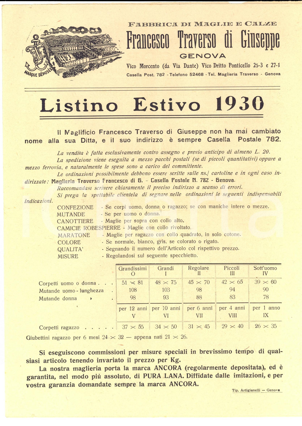 Materiale pubblicitario d’epoca 1930 GENOVA Francesco TRAVERSO maglie e calze Listino pubblicitario 1