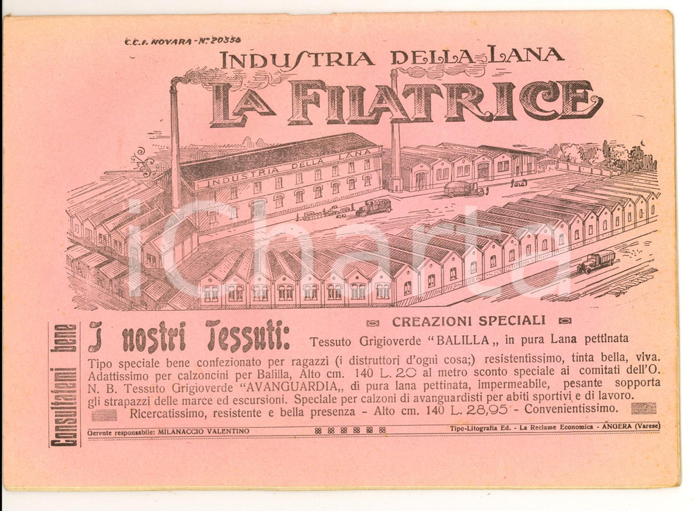 Materiale pubblicitario d’epoca 1928 BORGOSESIA VC Listino LA FILATRICE Industria della lana Pubblicitario 1