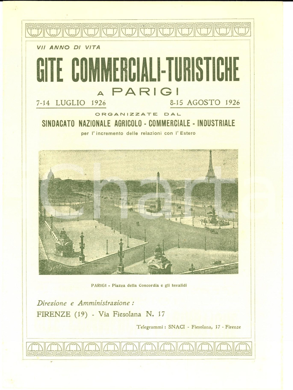 Materiale pubblicitario d’epoca 1926 Sindacato Nazionale AGRICOLOCOMMERCIALEINDUSTRIALE Gita a Parigi 1