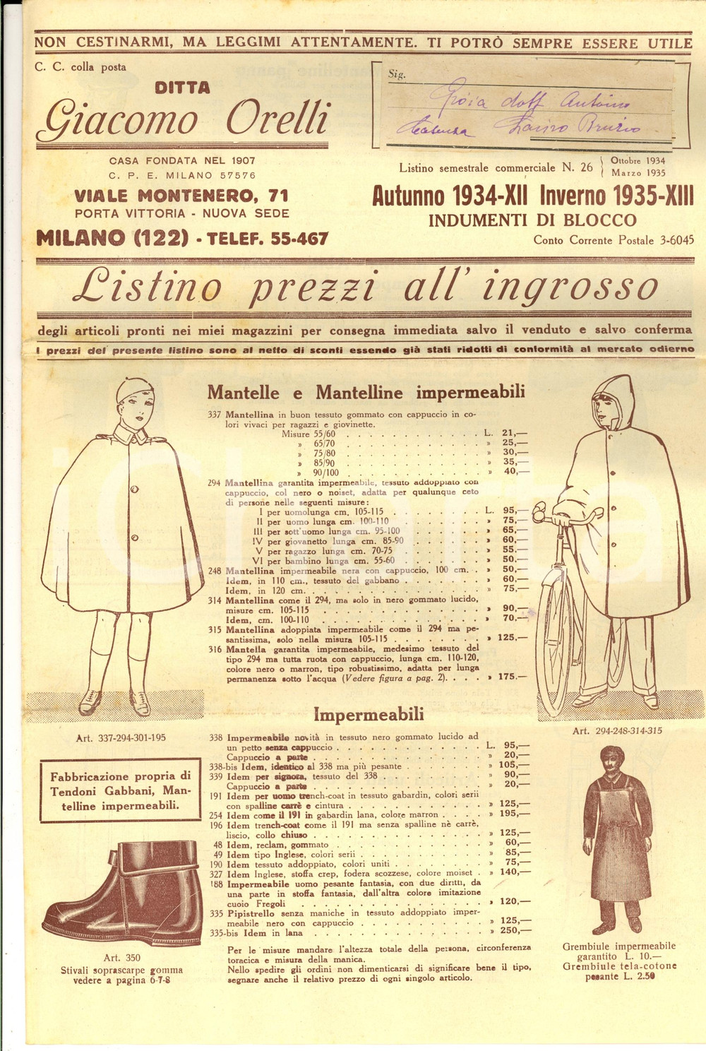 Materiale pubblicitario d’epoca 1934 MILANO Ditta Giacomo ORELLI Indumenti di blocco Listino ILLUSTRATO 1