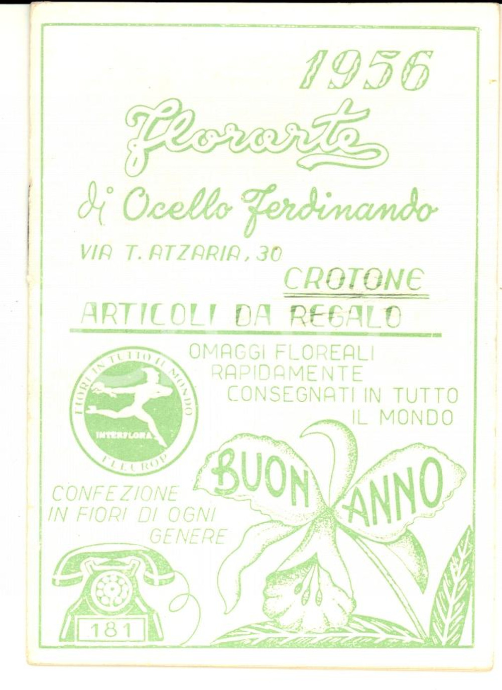 Materiale pubblicitario d’epoca 1956 CROTONE Calendario FLORARTE di Ferdinando OCELLO Pubblicitario 9x12 cm 1