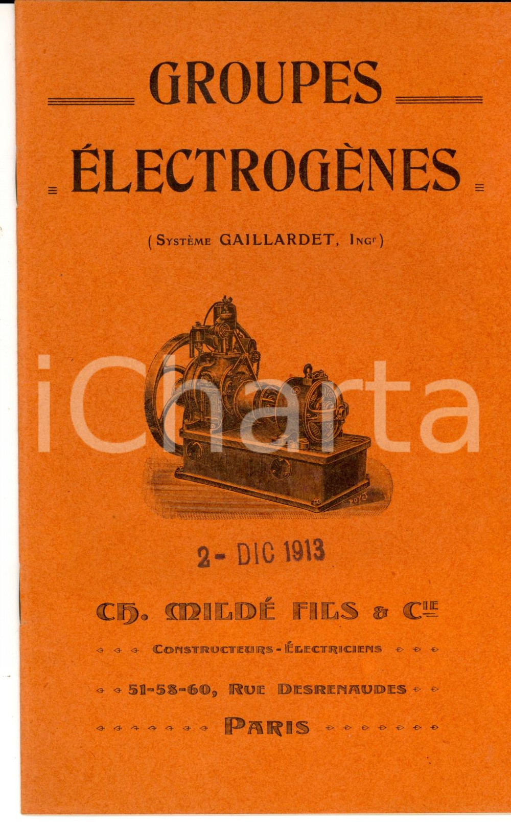 Materiale pubblicitario d’epoca 1913 PARIS Charles MILDE  & Fils  Groupes Electrogènes GAILLARDET Pubblicitario 1