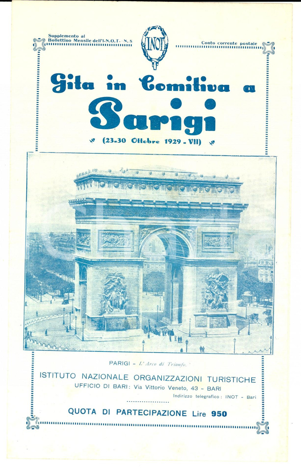 Materiale pubblicitario d’epoca 1929 INOT BARI Gita in comitiva a Parigi Volantino pubblicitario 1