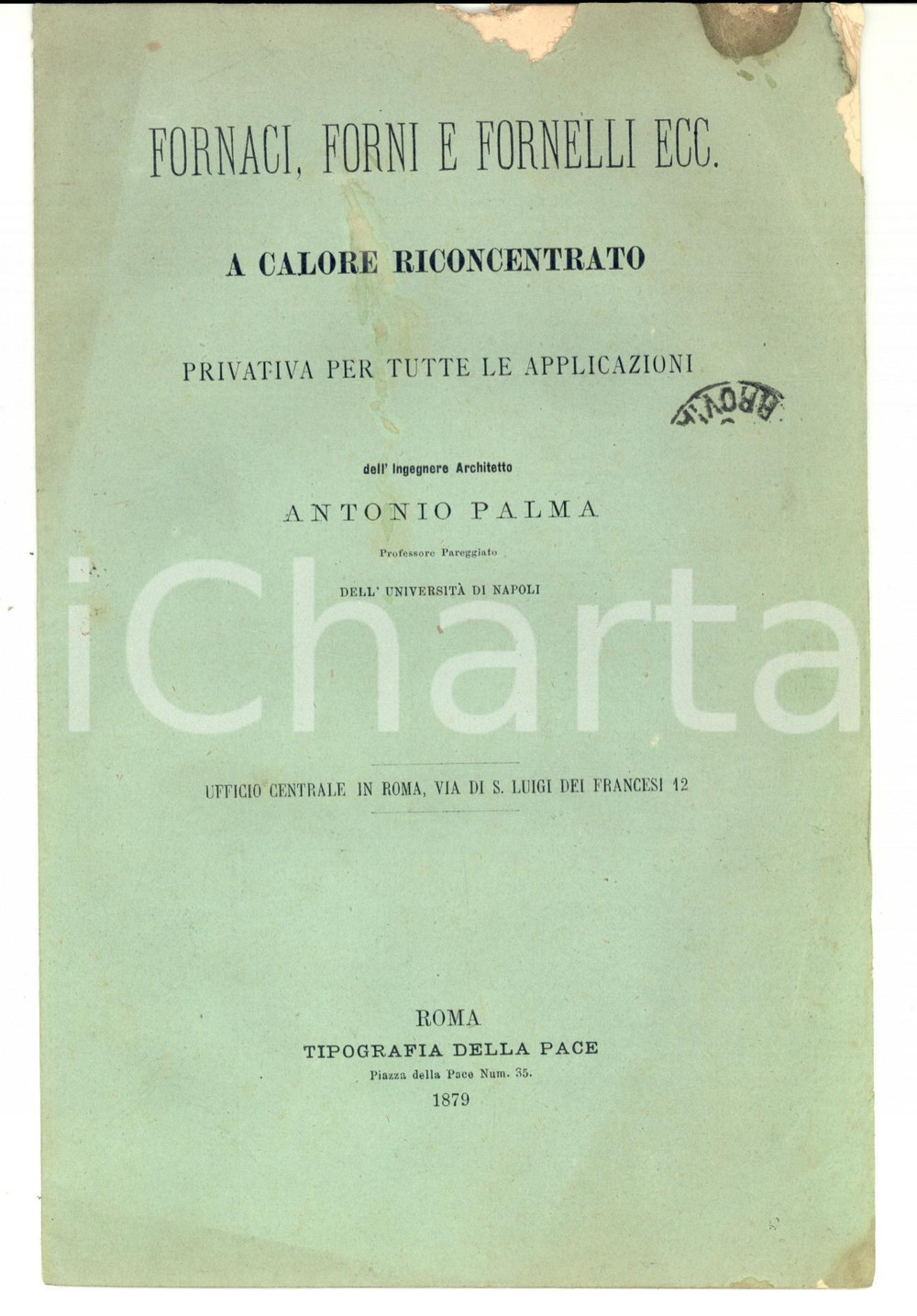 Libro, pubblicazione d epoca 1879 ROMA Fornaci, forni e fornelli  Sistema Ing. Antonio PALMA Pubblicitario 1