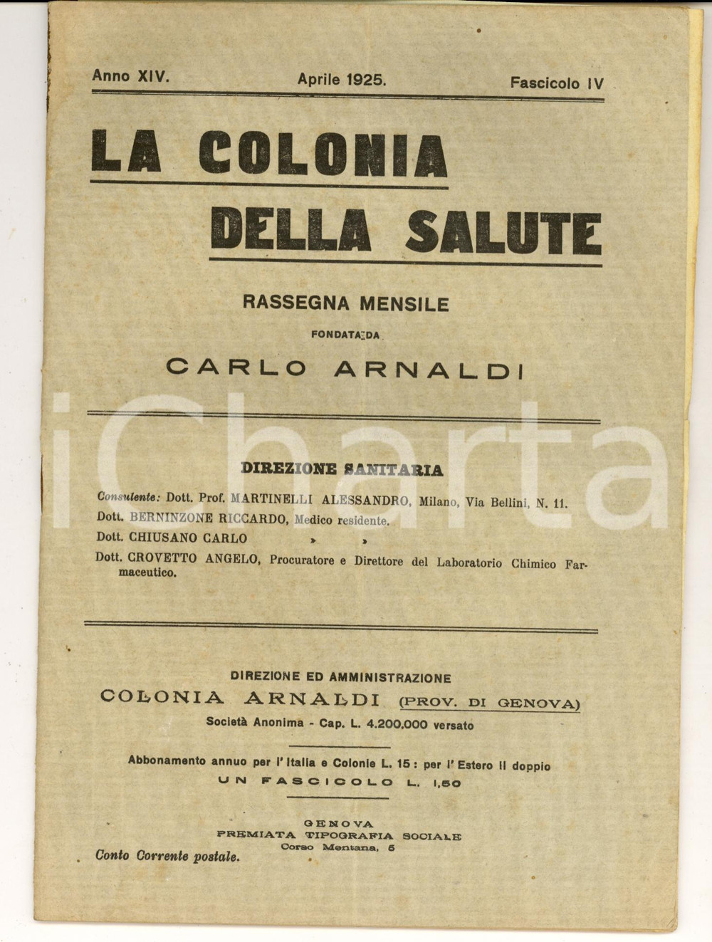 Giornale, rivista storica 1925 USCIO GE La colonia della salute Rivista mensile Carlo ARNALDI 1