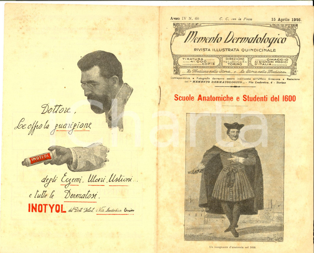 Giornale, rivista storica 1925 TORINO Memento dermatologico  Scuole anatomiche del 1600 Rivista 1