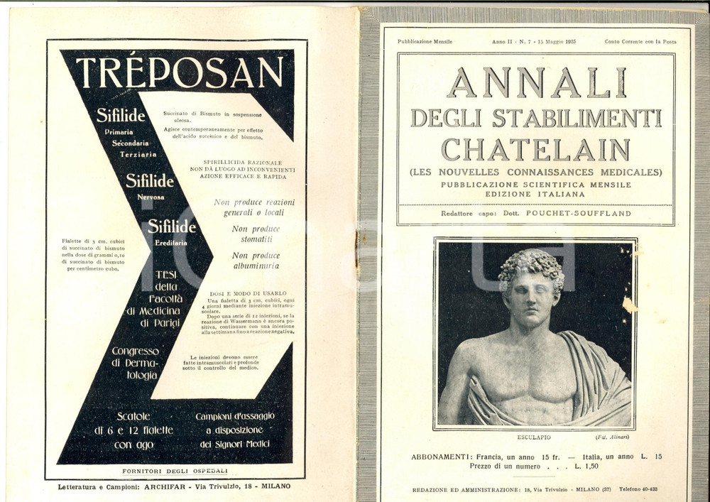 Giornale, rivista storica 1925 Annali degli STABILIMENTI CHATELAIN Rivista farmaceutica Anno II nÂ° 7 1