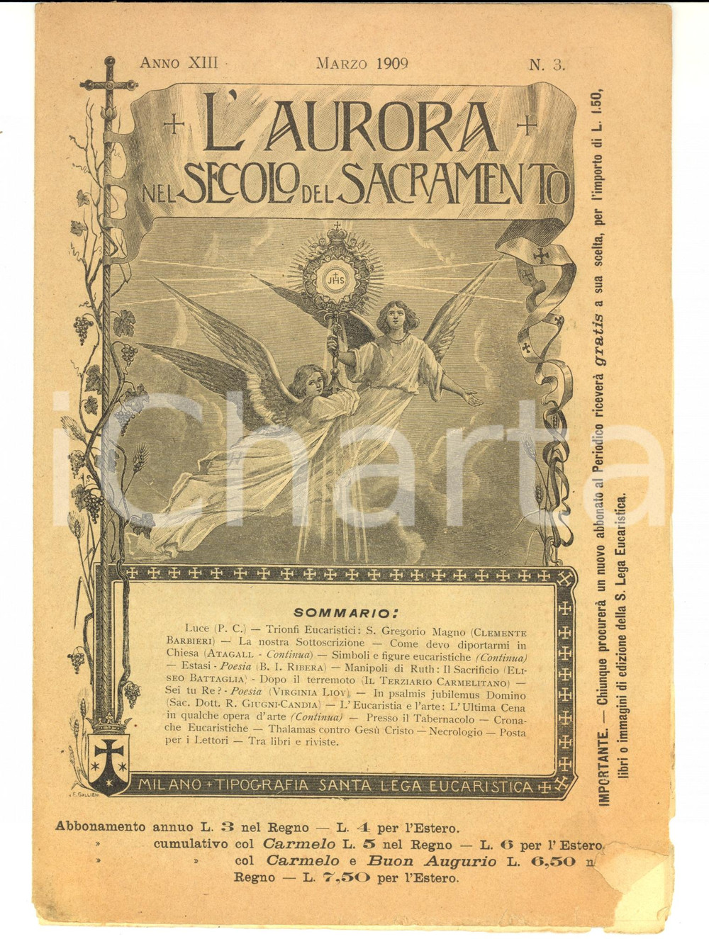 Giornale, rivista storica 1909 MILANO L aurora del secolo del sacramento Rivista ILLUSTRATA Anno XIII n°3 1