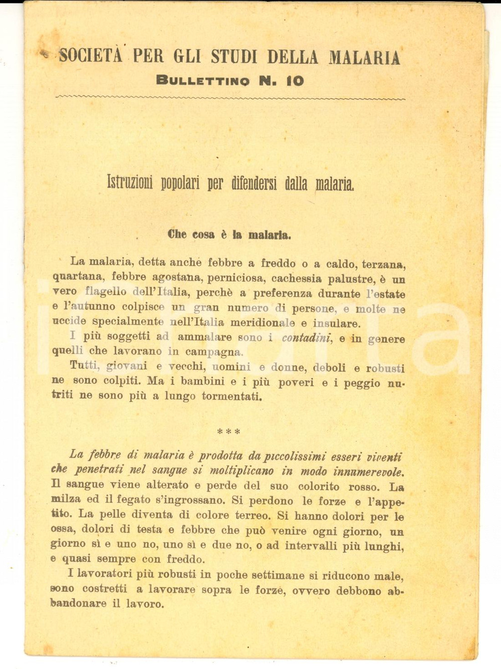 Giornale, rivista storica 1910 ca Società per gli Studi della MALARIA Bollettino 10  Istruzioni popolari 1