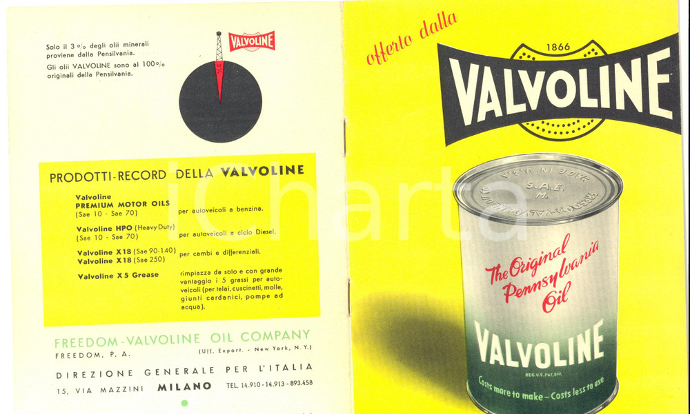 Materiale pubblicitario d’epoca 1950 MILANO VALVOLYNE  Original Pennsylvania Oil Pubblicitario 1