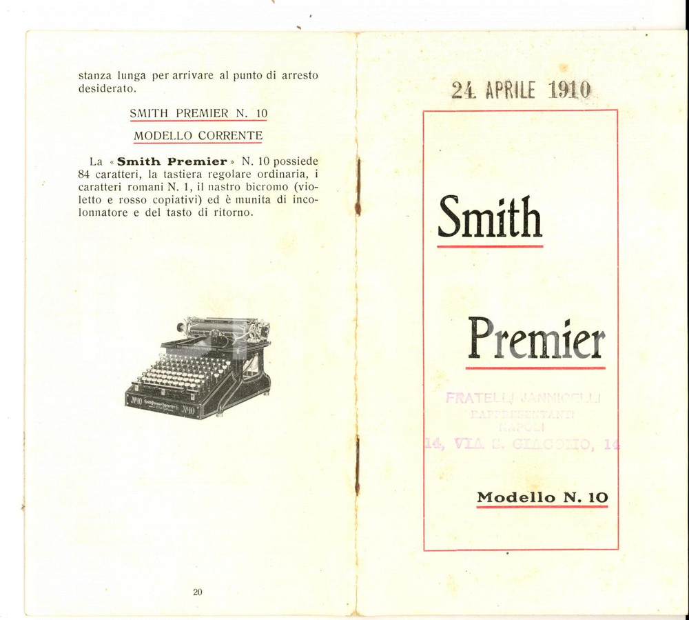 Materiale pubblicitario d’epoca 1910 Macchina da scrivere SMITH PREMIER Modello nÂ° 10 Pubblicitario 1