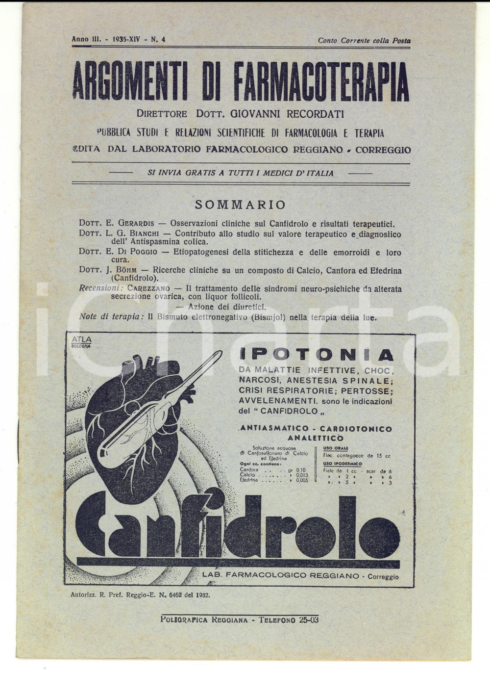 Giornale, rivista storica 1935 CORREGGIO RE Argomenti di farmacoterapia Lab. Farmacologico REGGIANO 1