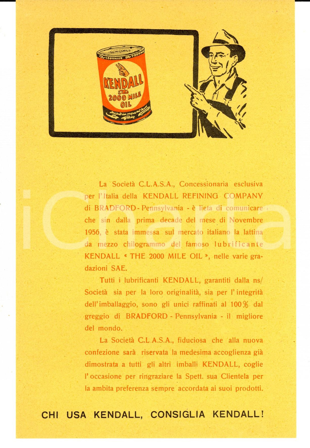 Materiale pubblicitario d’epoca 1950 ca Lubrificanti KENDALL SocietÃ  C.L.A.S.A. Volantino pubblicitario 1