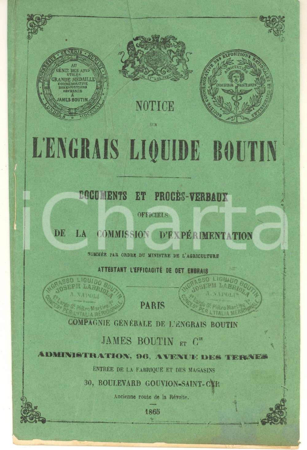 Materiale pubblicitario d’epoca 1865 PARIS Notice sur l engrais liquide BOUTIN Pubblicitario 1