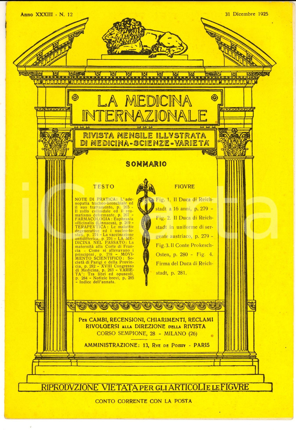 Giornale, rivista storica 1925 MILANO La medicina internazionale Rivista farmaceutica ROBIN Anno XXXIII 1