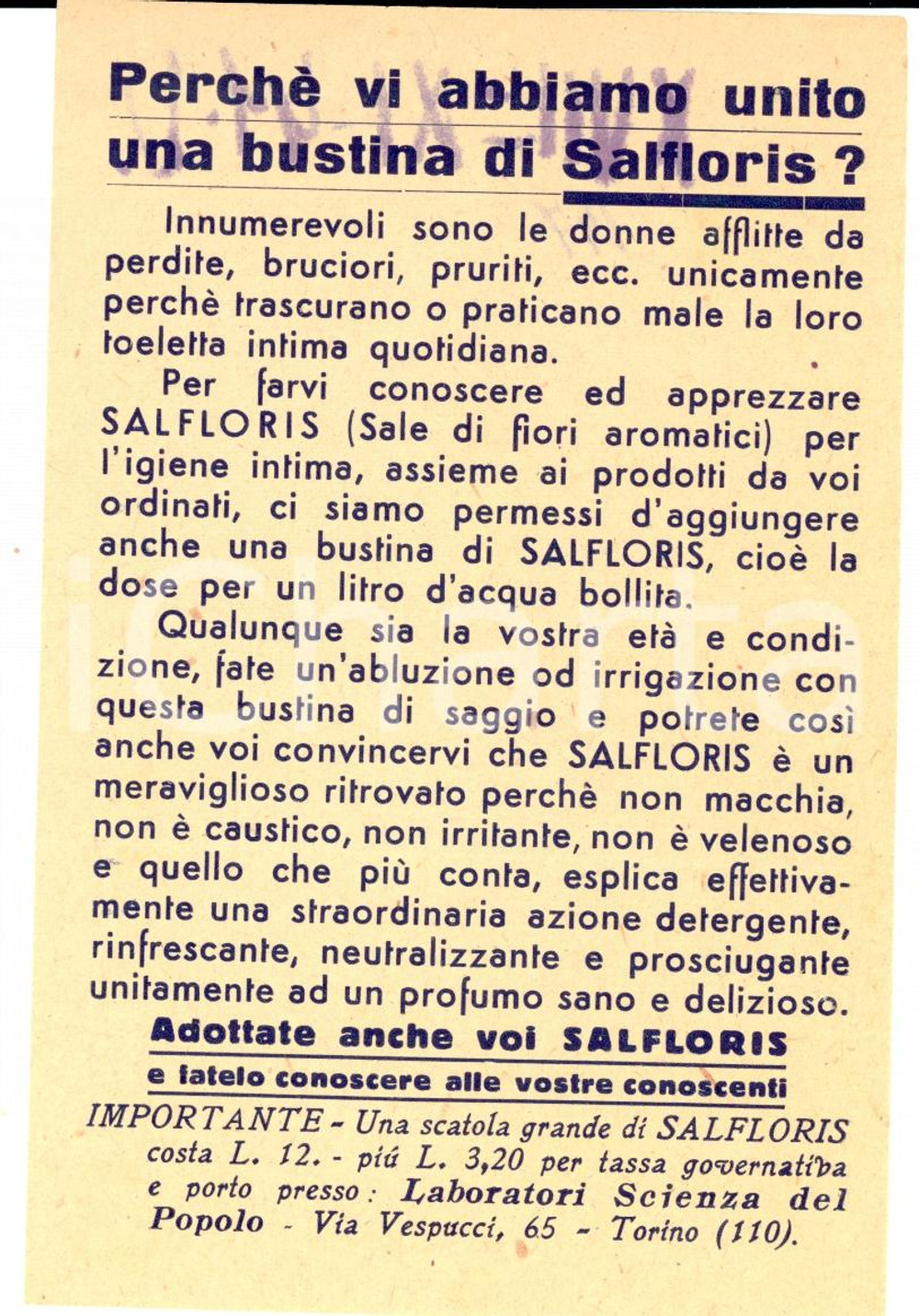Materiale pubblicitario d’epoca 1941 TORINO Laboratori SCIENZA DEL POPOLO Bustine SALFLORIS Igiene intima 1