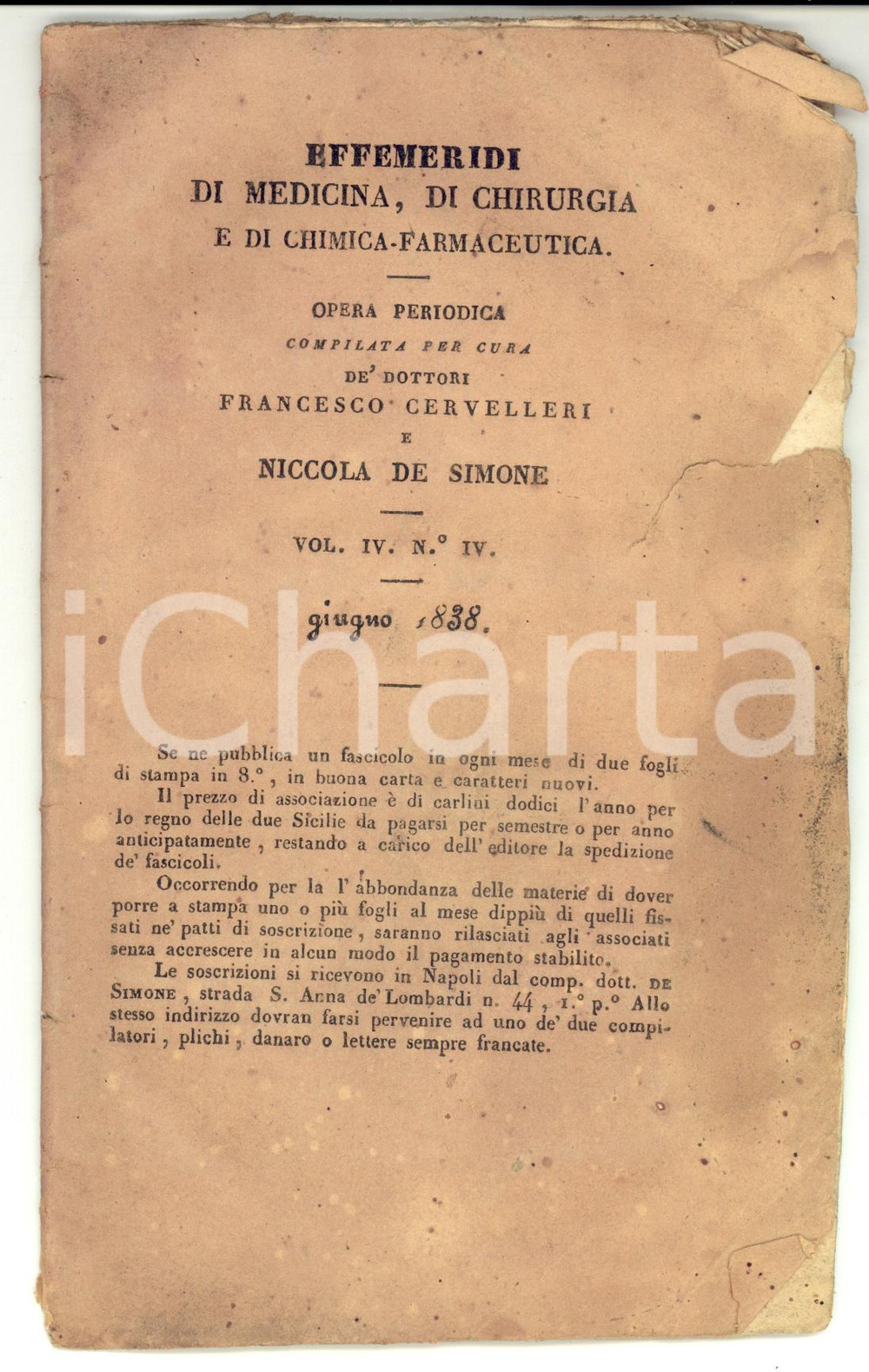 Libro, pubblicazione d epoca 1838 Francesco CERVELLERI Nicola DE SIMONE Effemeridi di Medicina Chirurgia 1