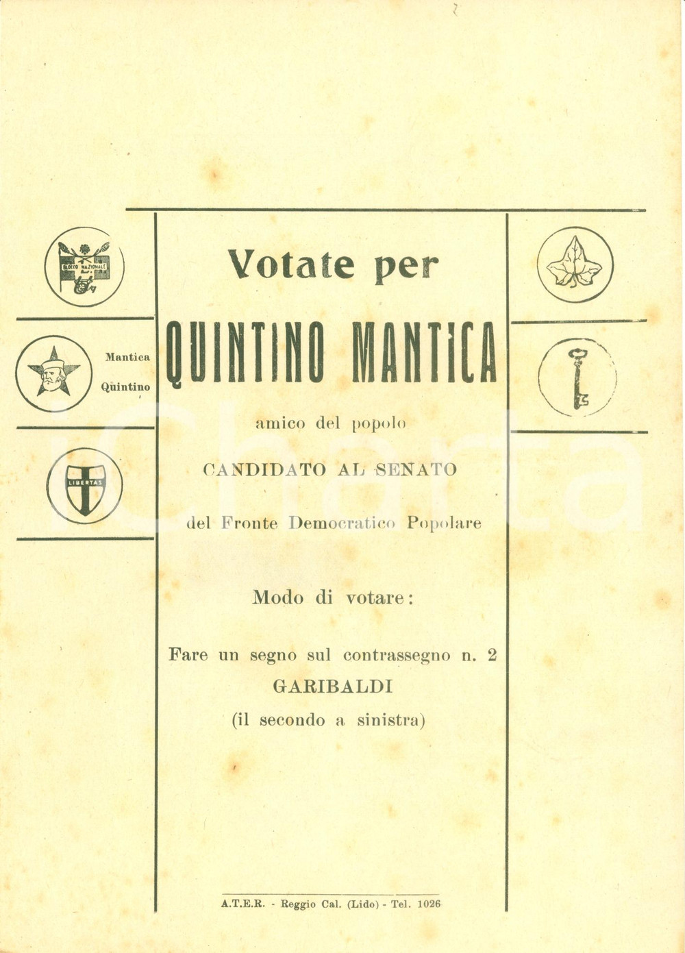 Materiale pubblicitario d’epoca 1948 REGGIO CALABRIA Votate Quintino MANTICA amico del popolo Volantino 1