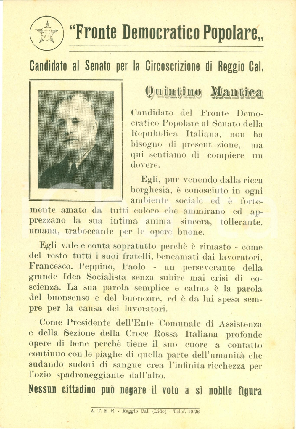 Materiale pubblicitario d’epoca 1948 REGGIO CALABRIA Votate Quintino MANTICA Fronte Democratico Popolare 1