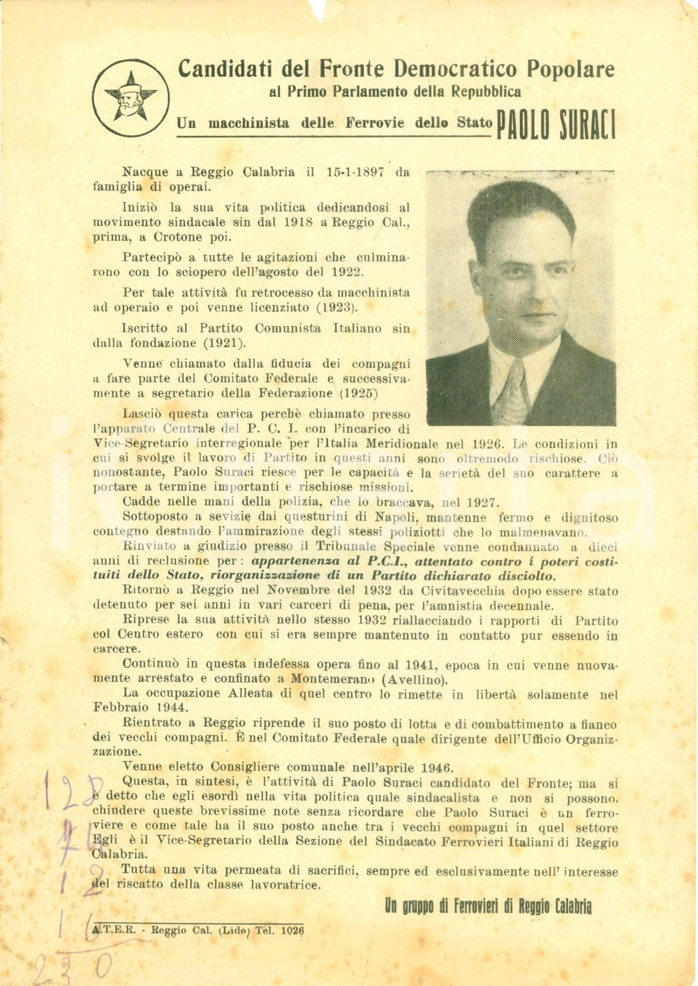 Materiale pubblicitario d’epoca 1948 REGGIO CALABRIA Votate Paolo SURACI macchinista FFSS Fronte Democratico 1