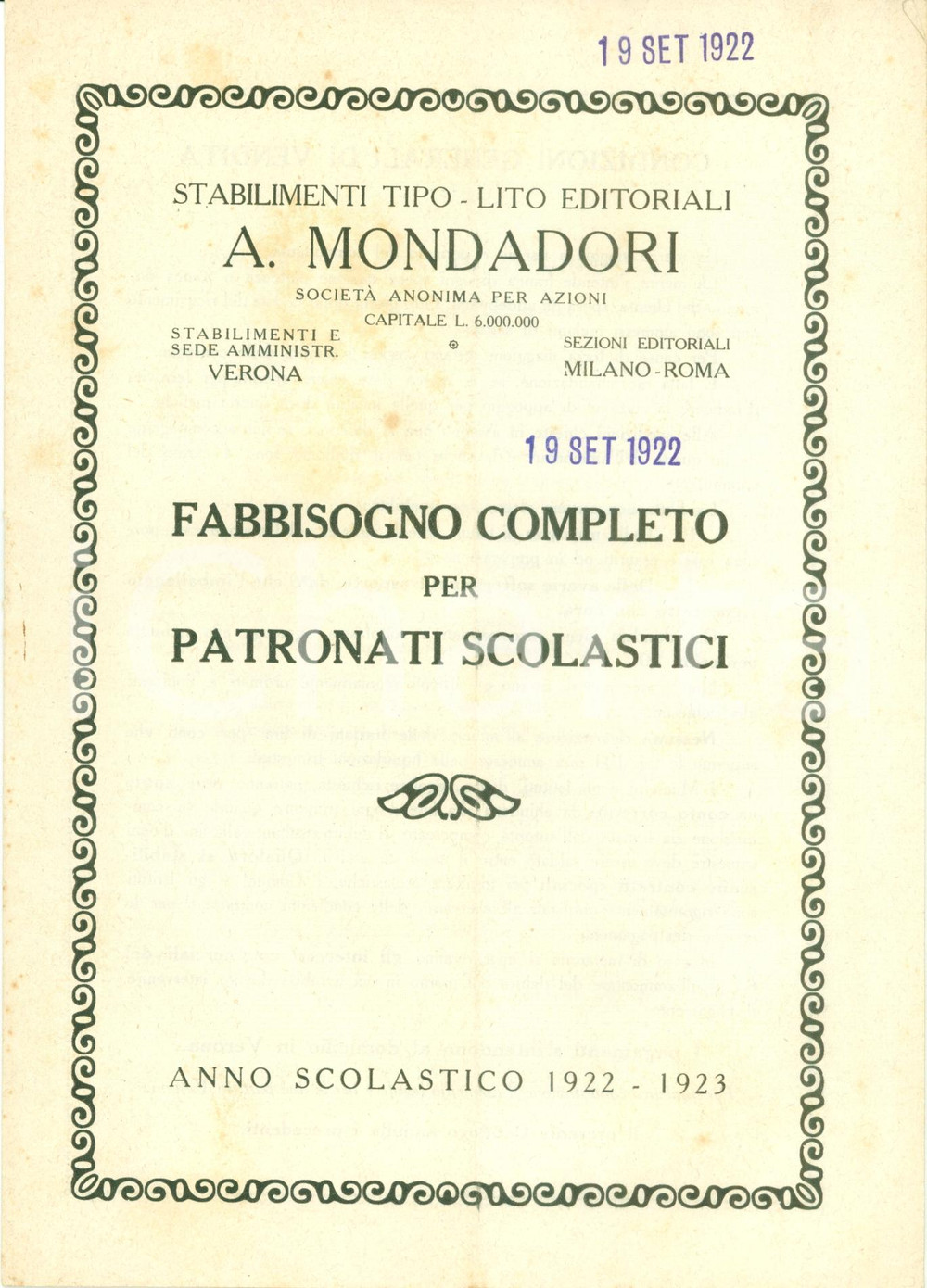 Materiale pubblicitario d’epoca 1922 MILANO Stabilimenti editoriali MONDADORI Patronati scolastici listino 1
