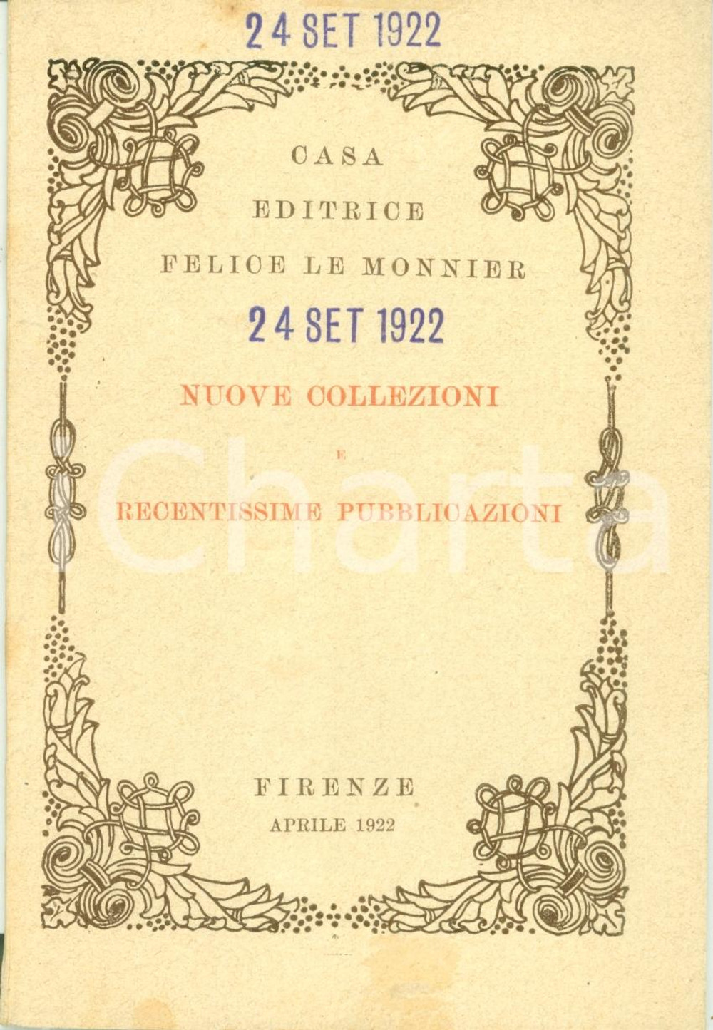 Libro, pubblicazione d epoca 1922 FIRENZE Casa Editrice Felice LE MONNIER Nuove collezioni Catalogo 1