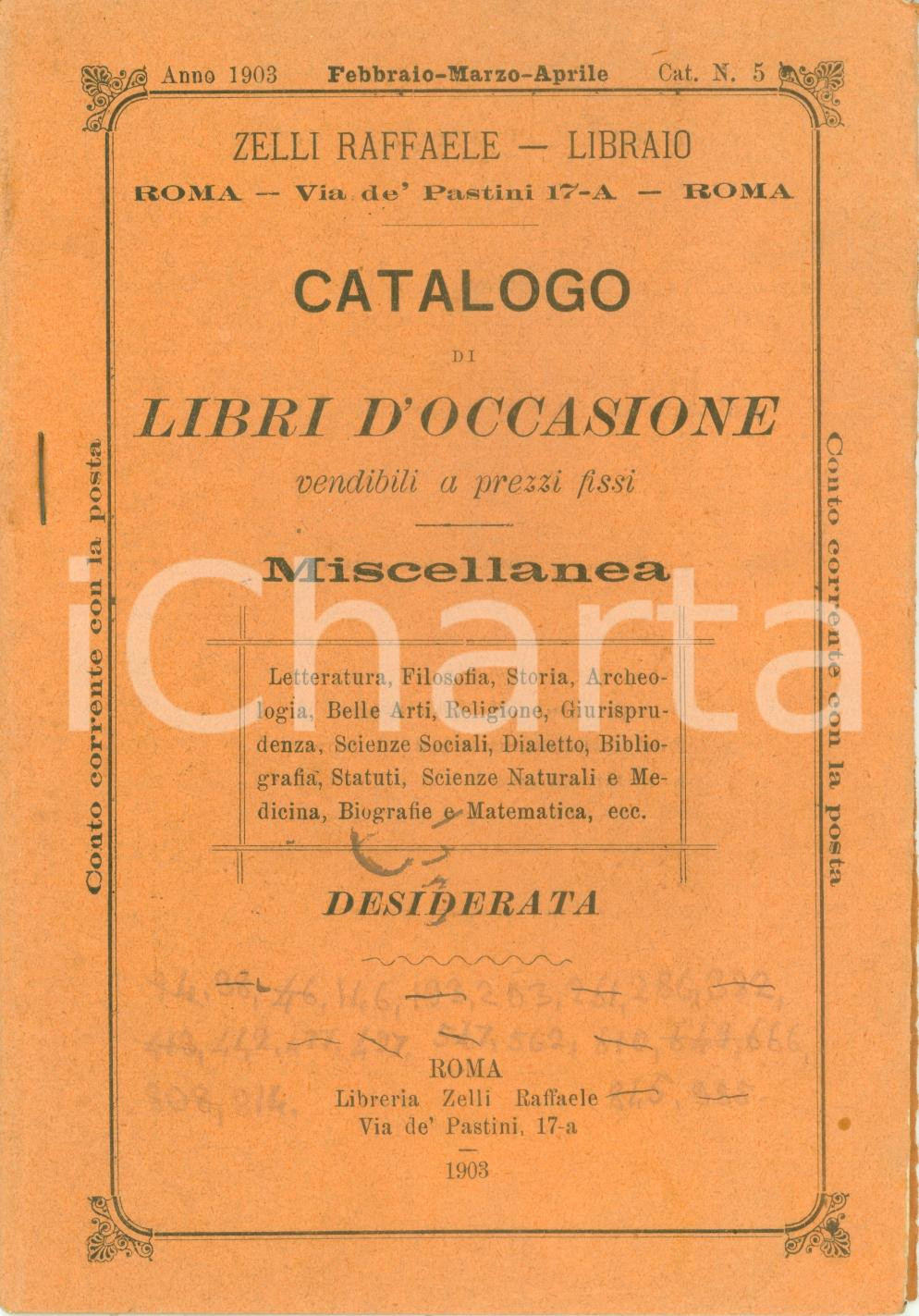 Libro, pubblicazione d epoca 1903 ROMA Libraio Raffaele ZELLI Catalogo libri d occasione miscellanea 1
