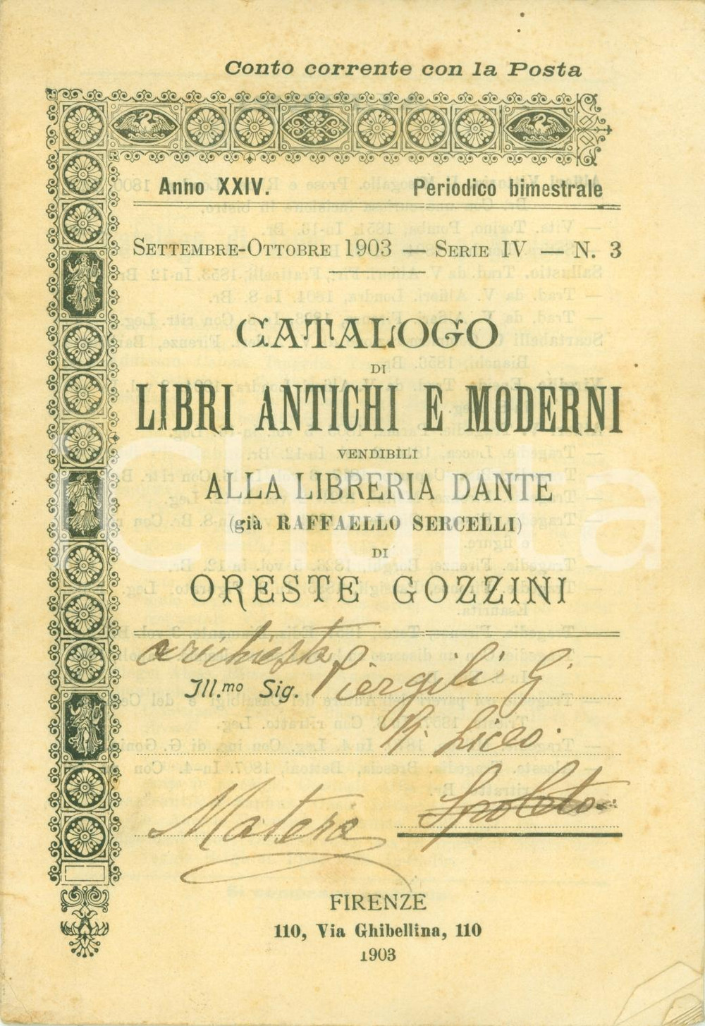 Libro, pubblicazione d epoca 1903 FIRENZE Catalogo libri antichi Oreste GOZZINI Libreria DANTE 1