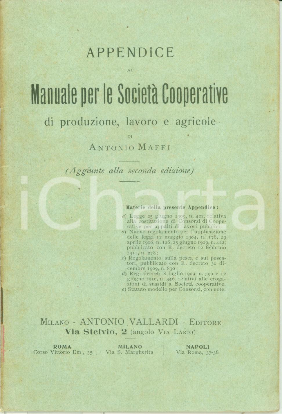 Documento originale, autentico 1911 Antonio MAFFI Appendice al Manuale SocietÃ  Cooperative Edizioni VALLARDI 1