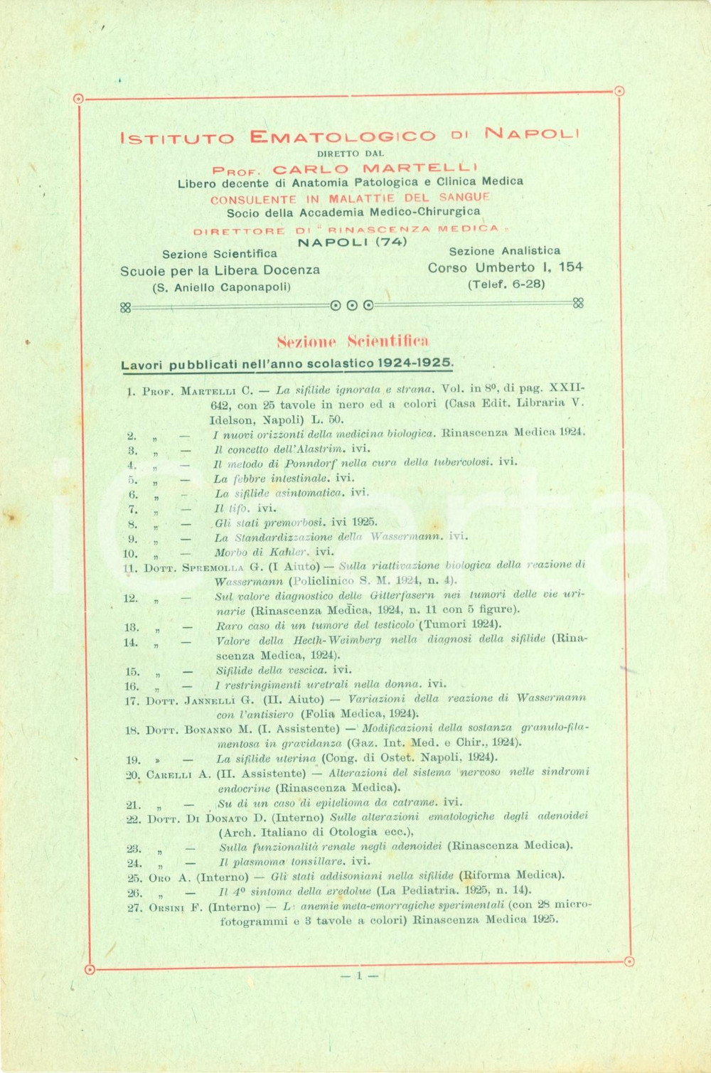 Materiale pubblicitario d’epoca 1926 NAPOLI Istituto Ematologico Carlo MARTELLI Analisi del sangue ILLUSTRATO 1