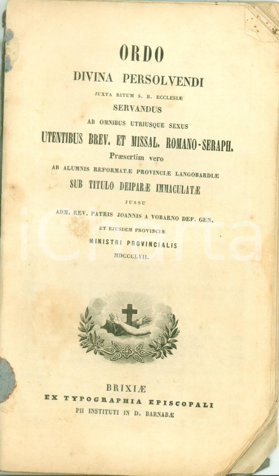 Libro, pubblicazione d epoca 1857 BRESCIA Ordo Divina persolvendi Calendario ecclesiastico DANNEGGIATO 1