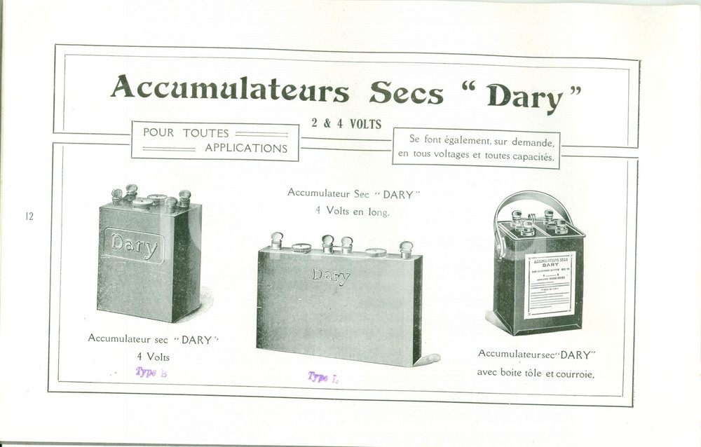Materiale pubblicitario d’epoca 1913 LEVALLOISPERET F Ing. FROMONT Accumulateurs secs DARY Illustrato 1