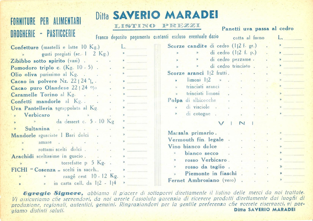 Materiale pubblicitario d’epoca 1935 ca VERBICARO CS Alimentari Saverio MARADEI Listino prezzi  DEIMARA 1