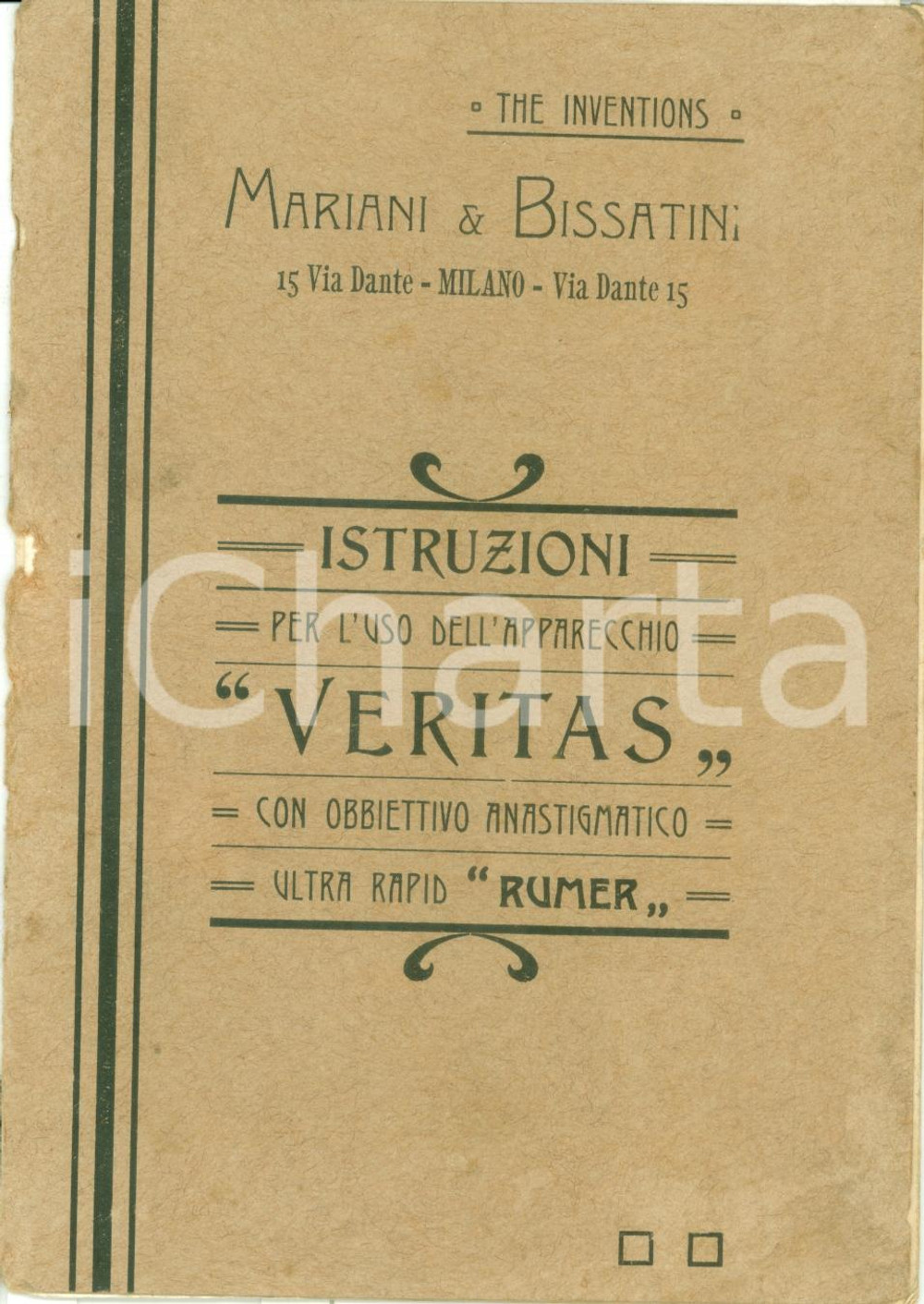 Documento originale, autentico 1910 ca MILANO Ditta MARIANI & BISSATINI Istruzioni apparecchio VERITAS 1