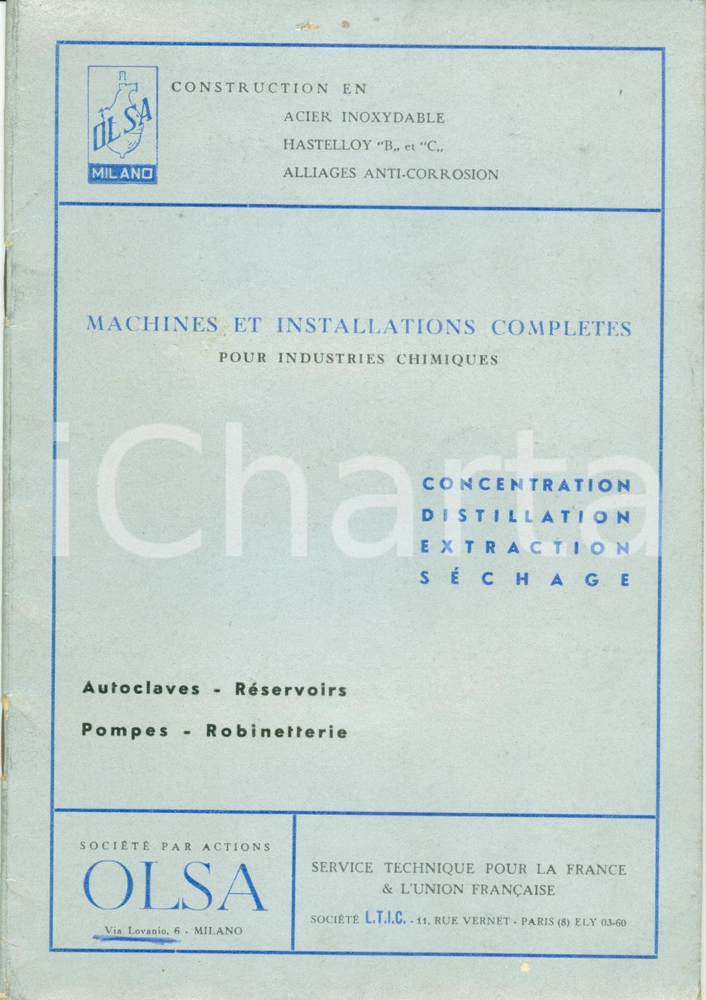 Materiale pubblicitario d’epoca 1960 ca MILANO Société par Actions OLSA Machines industries chimiques ILLUSTRATO 1