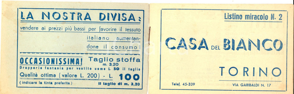 Materiale pubblicitario d’epoca 1930 ca TORINO Listino miracolo CASA DEL BIANCO Pubblicitario 1
