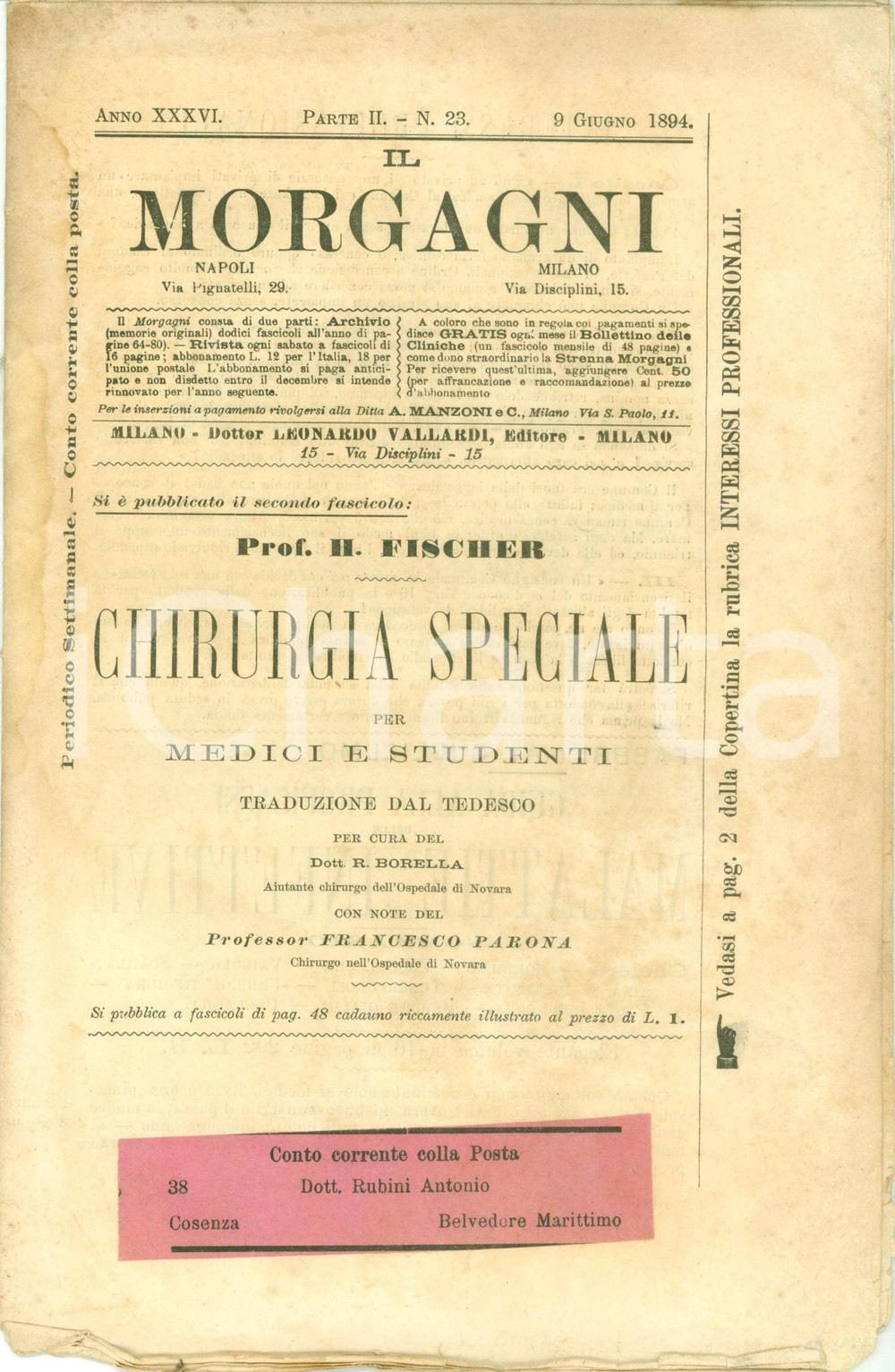 Giornale, rivista storica 1894 NAPOLI Bollettino IL MORGAGNI bibliografia medica Rivista 1