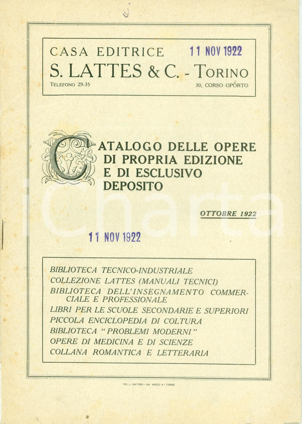 Libro, pubblicazione d epoca 1922 TORINO Casa Editrice LATTES Catalogo opere di propria produzione 1