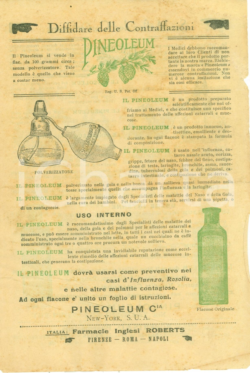 Materiale pubblicitario d’epoca 1930 ca ROMA Farmacie inglesi ROBERTS Opuscolo PINEOLEUM Illustrato DANNEGGIATO 1