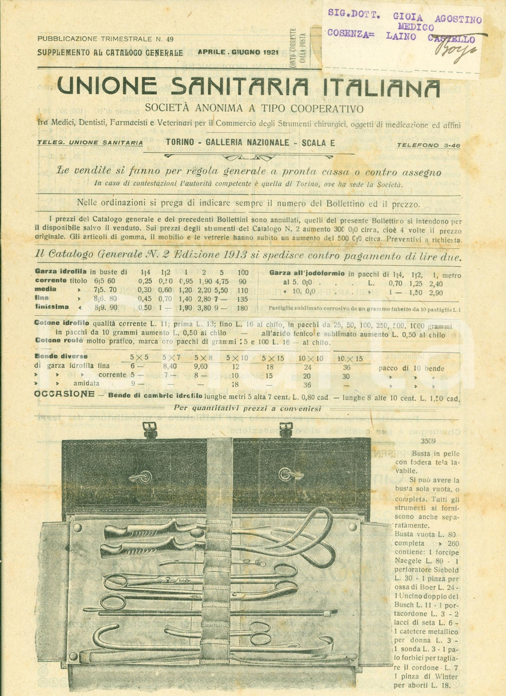 Materiale pubblicitario d’epoca 1921 TORINO Catalogo UNIONE SANITARIA ITALIANA Supplemento ILLUSTRATO 1